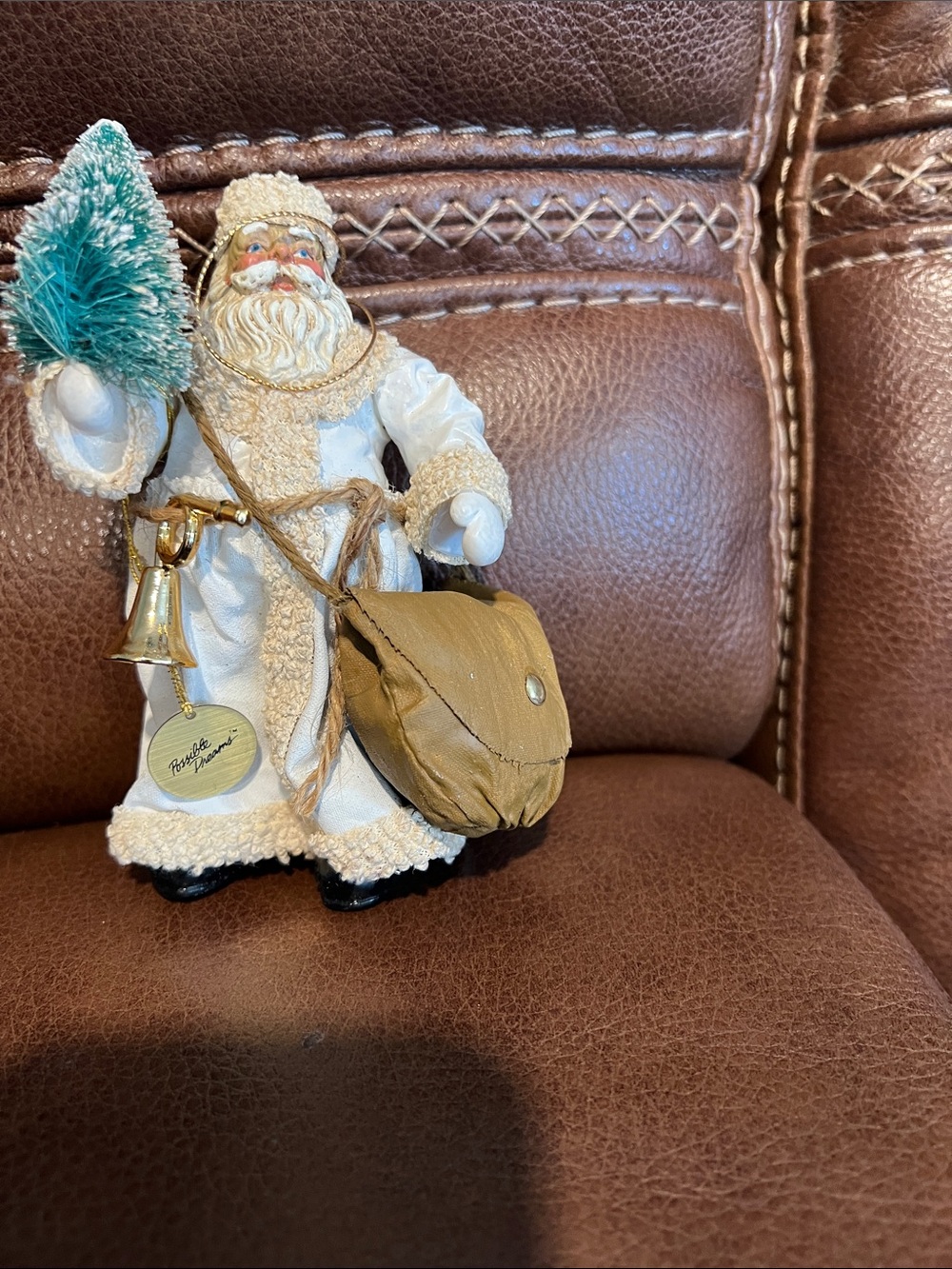 White Santa Ornament with Teal Bottle-Brush Tree and Gold Accents